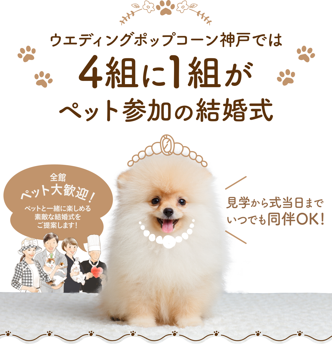 ポップコーン神戸では4組に1組がペット参加の結婚式 全館ペット大歓迎!ペットと一緒に楽しめる素敵な結婚式をご提案します! 見学から式当日までいつでも同伴OK!