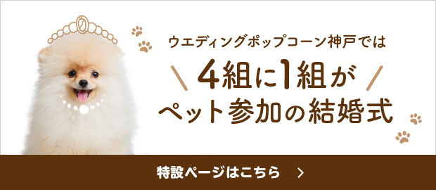 ポップコーン神戸では4組に1組がペット参加の結婚式 全館ペット大歓迎！ペットと一緒に楽しめる素敵な結婚式をご提案します！ 特設ページはこちら
